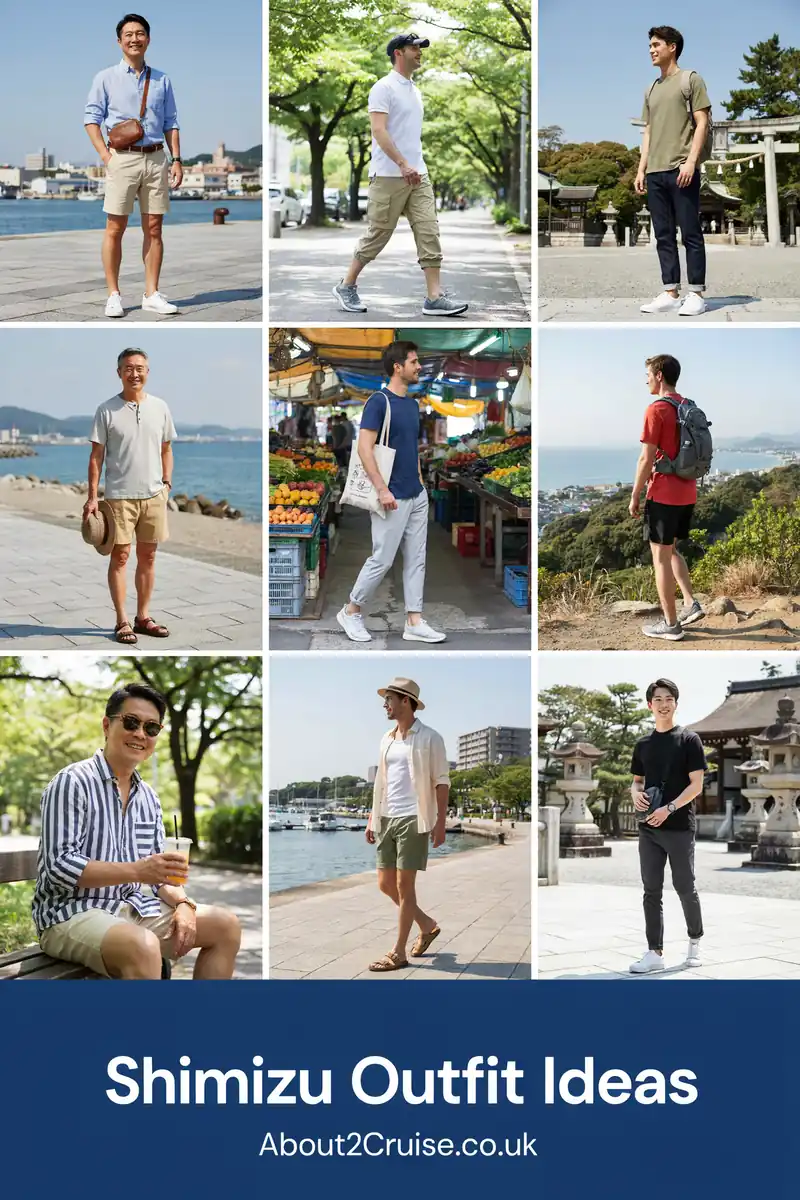Grid of casual men's walking outfit ideas for Shimizu cruise port