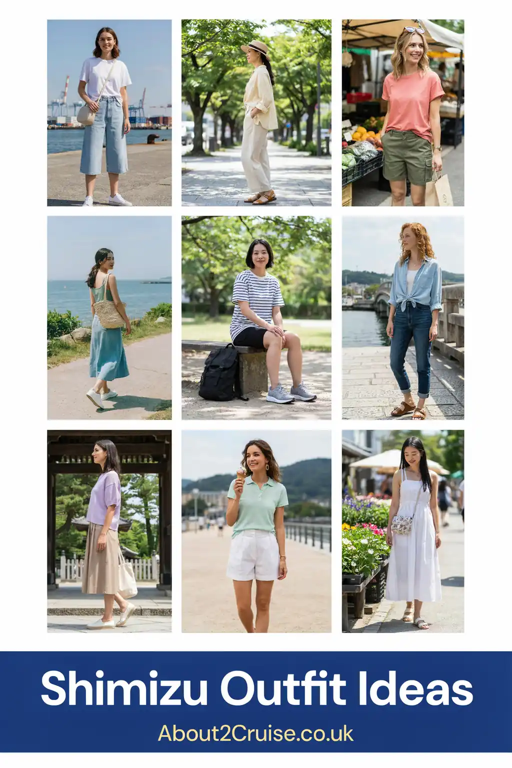 Mood board grid of casual tourist walking outfits for women in Shimizu