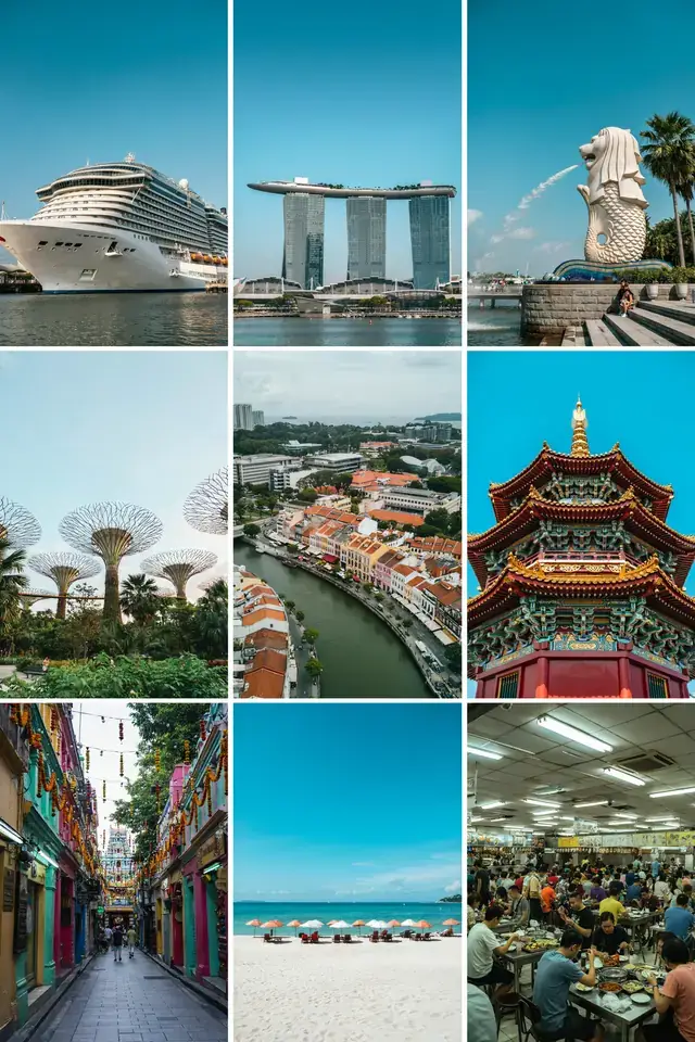 A collage of local Singapore harbour scenes, markets, skyline and streets on a sunny day