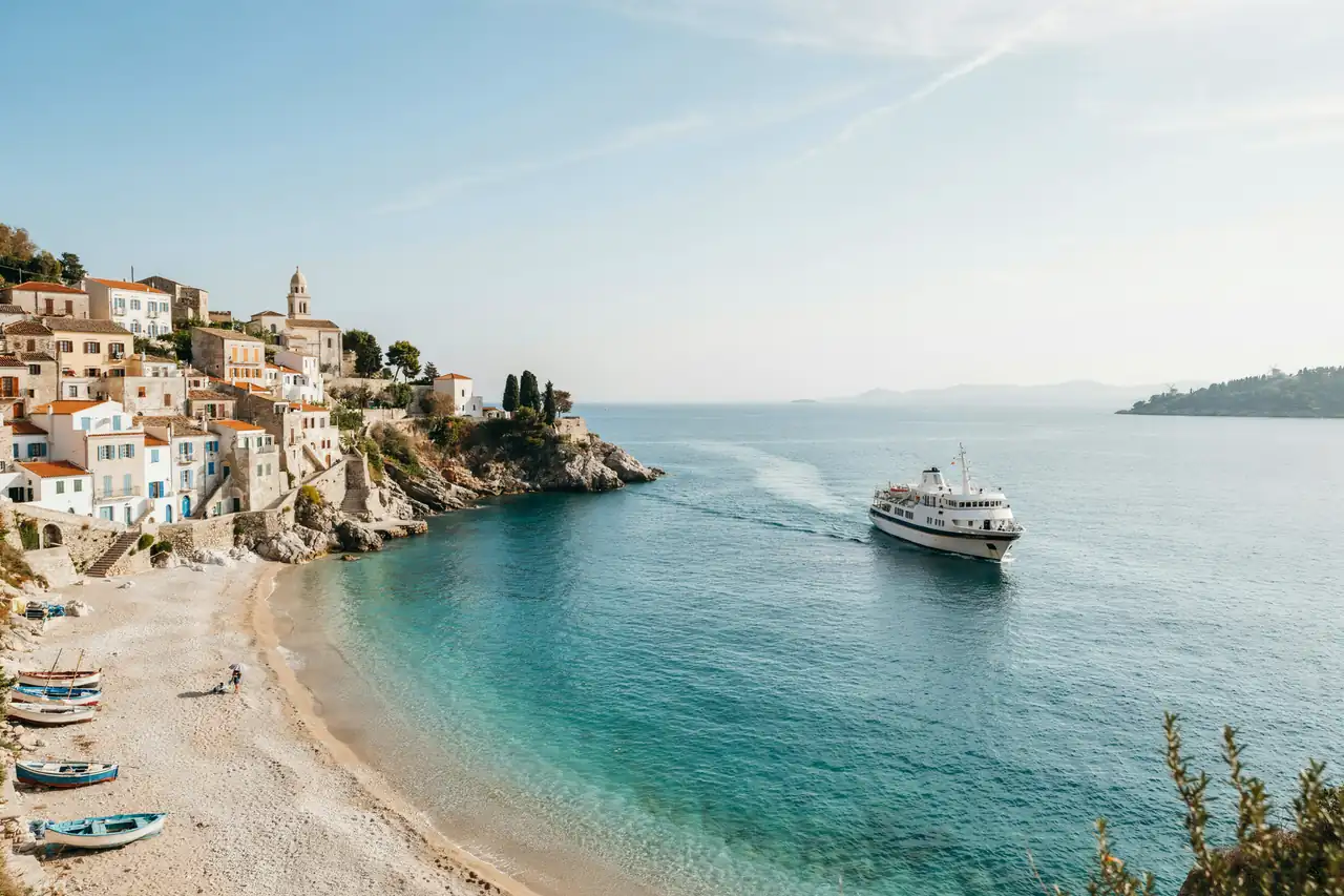 Small cruise ship anchored in a quiet Mediterranean bay
