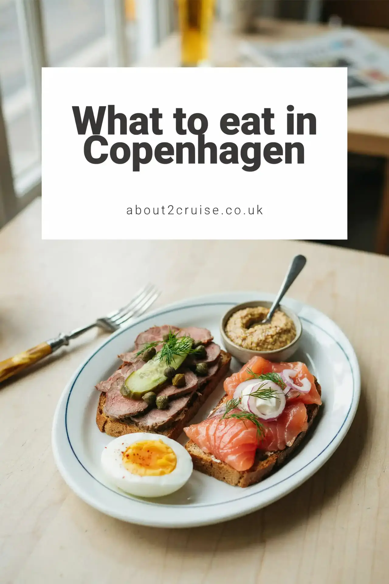 Close up of smørrebrød, open-faced Danish rye sandwiches, served at a sunny cafe table in Copenhagen
