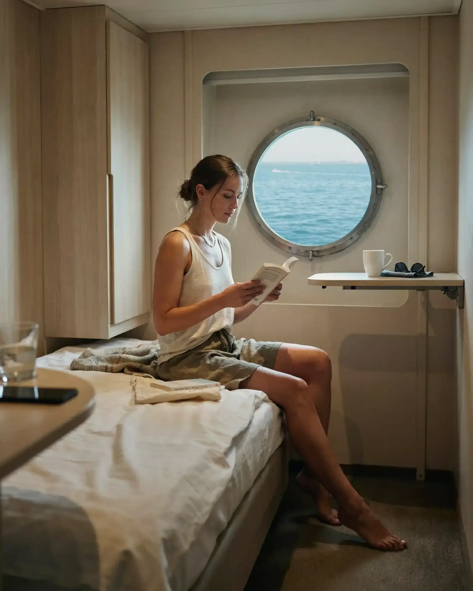 Woman travelling solo reading in a single cruise ship cabin