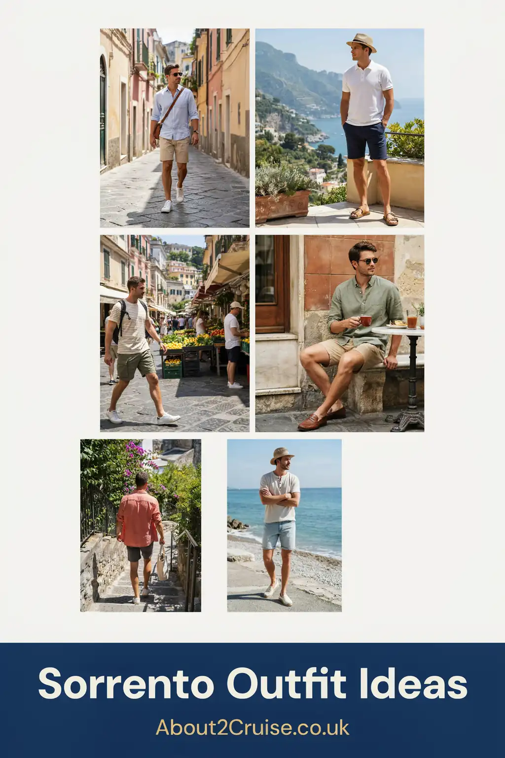 Grid of casual men's tourist walking outfits for Sorrento on a sunny day