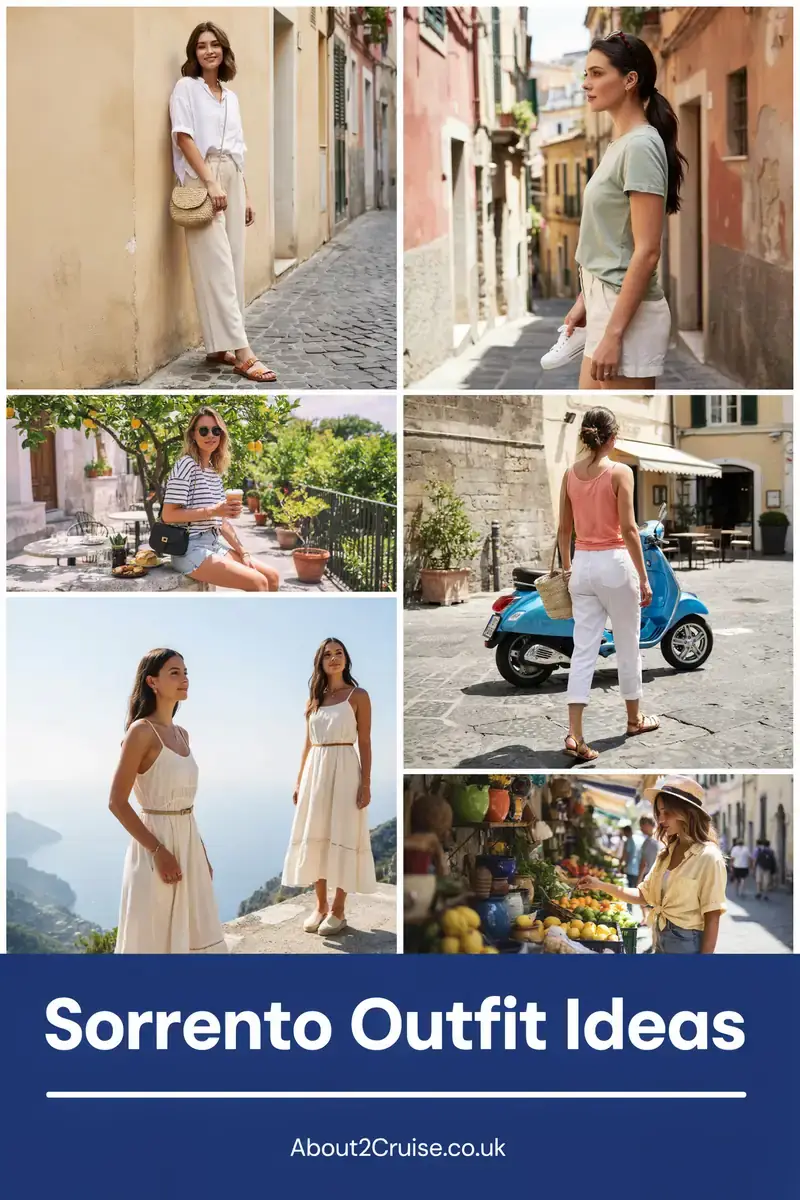Mood board grid of casual women's tourist walking outfits for Sorrento