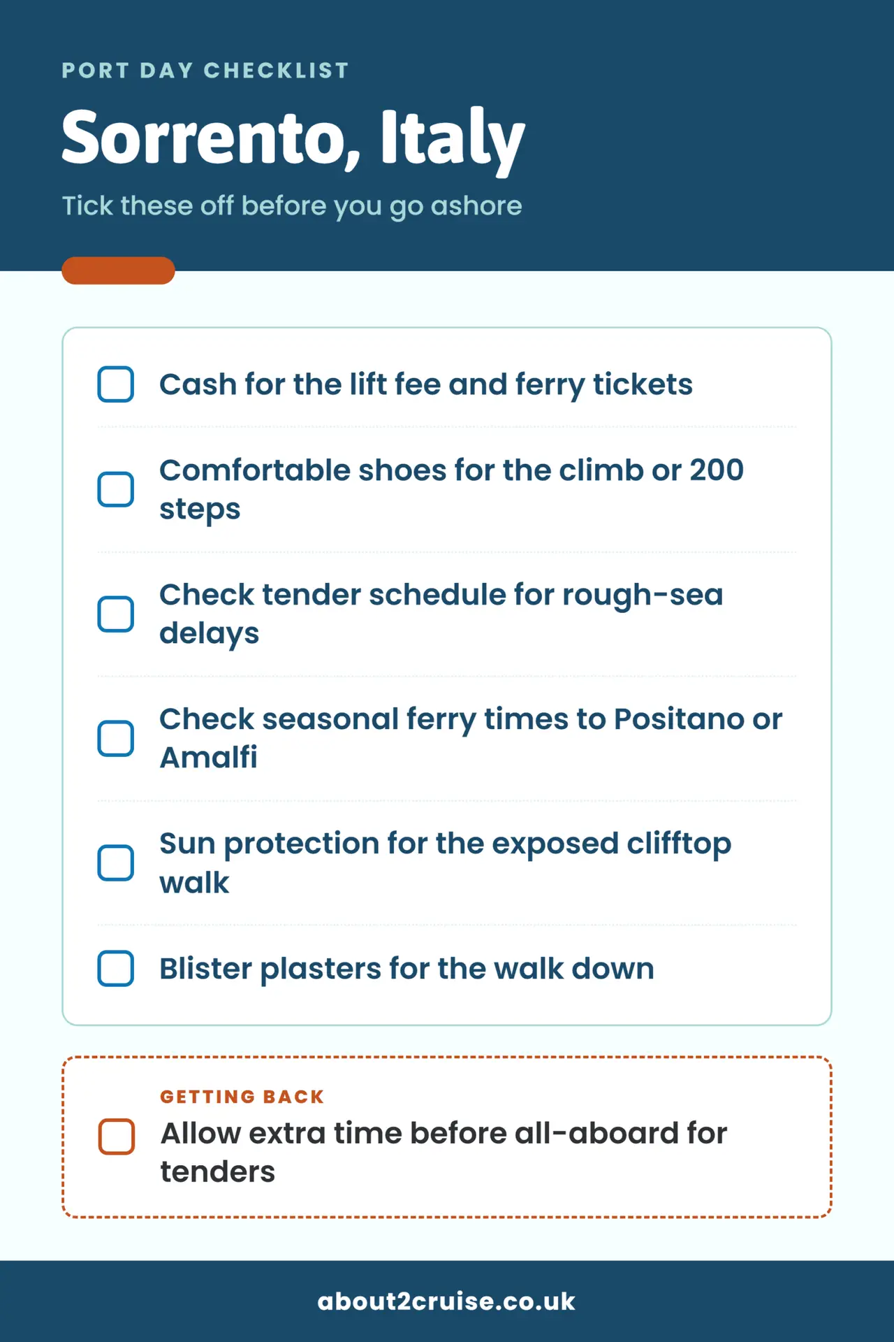 Sorrento cruise port day checklist: what to bring and check before going ashore