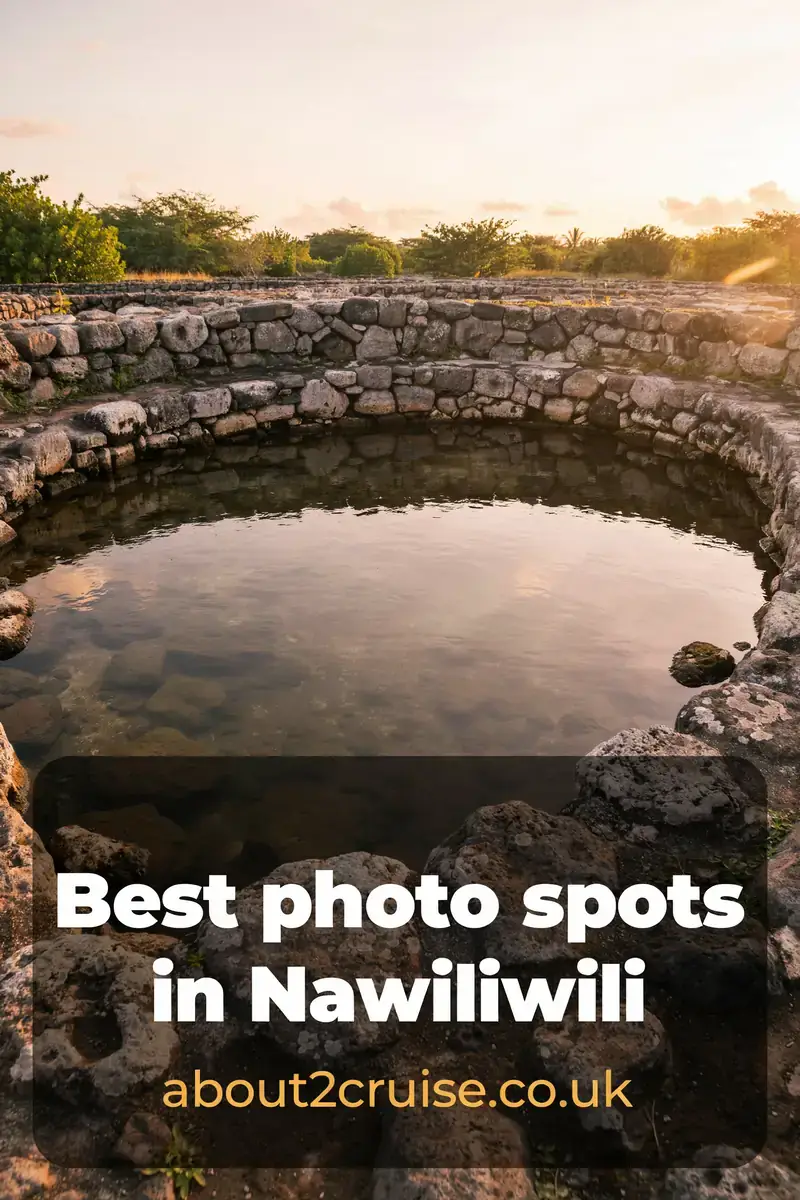 Nawiliwili cruise port: ancient stone-walled fishpond at sunrise, a popular photo spot near the port
