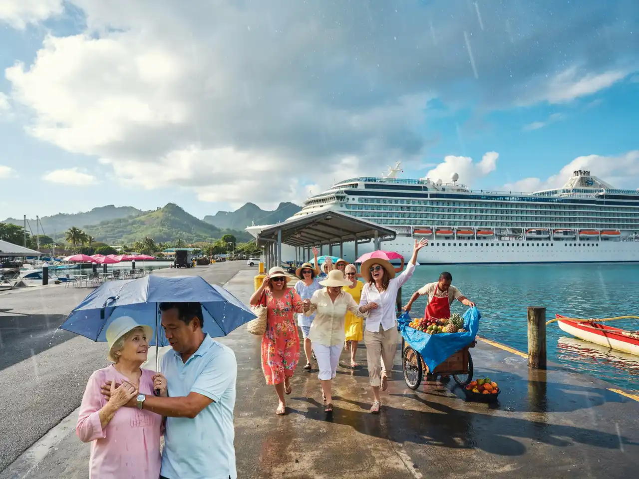 Cruise passengers caught off guard by a sudden rain shower at Suva harbour