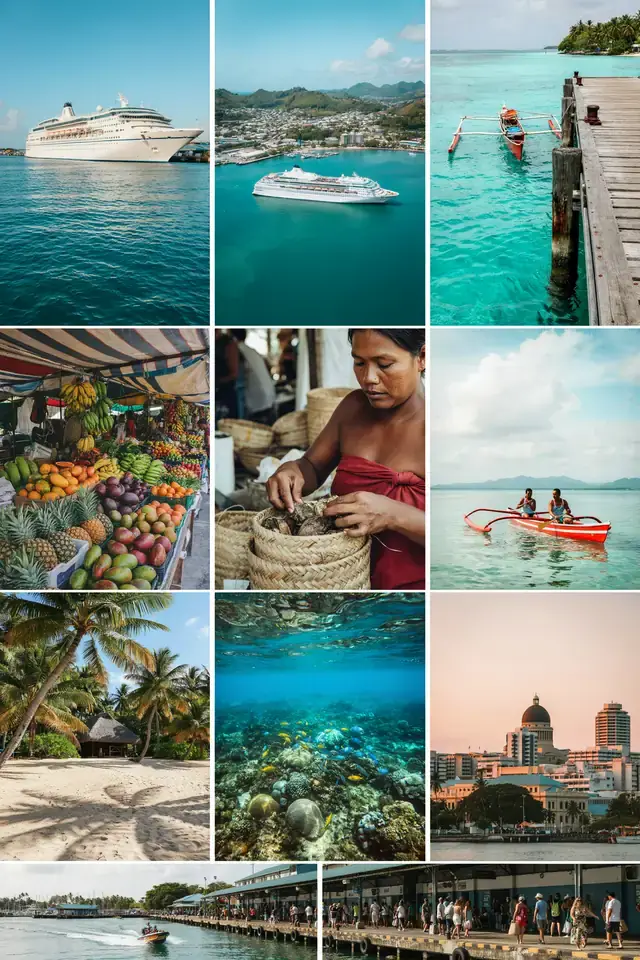 Collage of harbour, markets and waterfront scenes in Suva