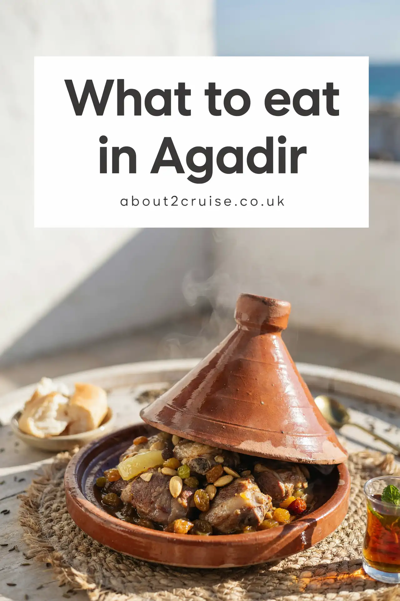 Agadir cruise port: close up of a tagine, a local dish, served at a sunny cafe table