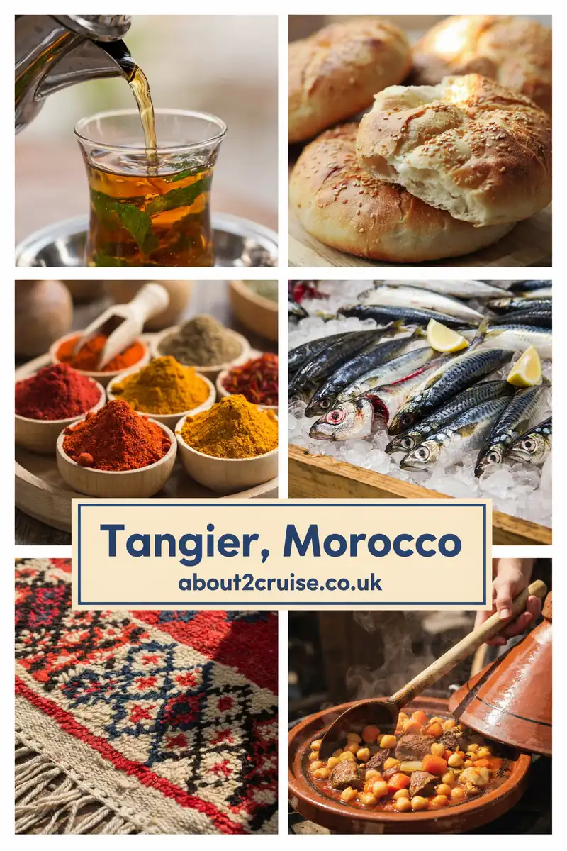 Tangier cruise port: vision board of local Tangier experiences including market stalls, mint tea, and medina streets