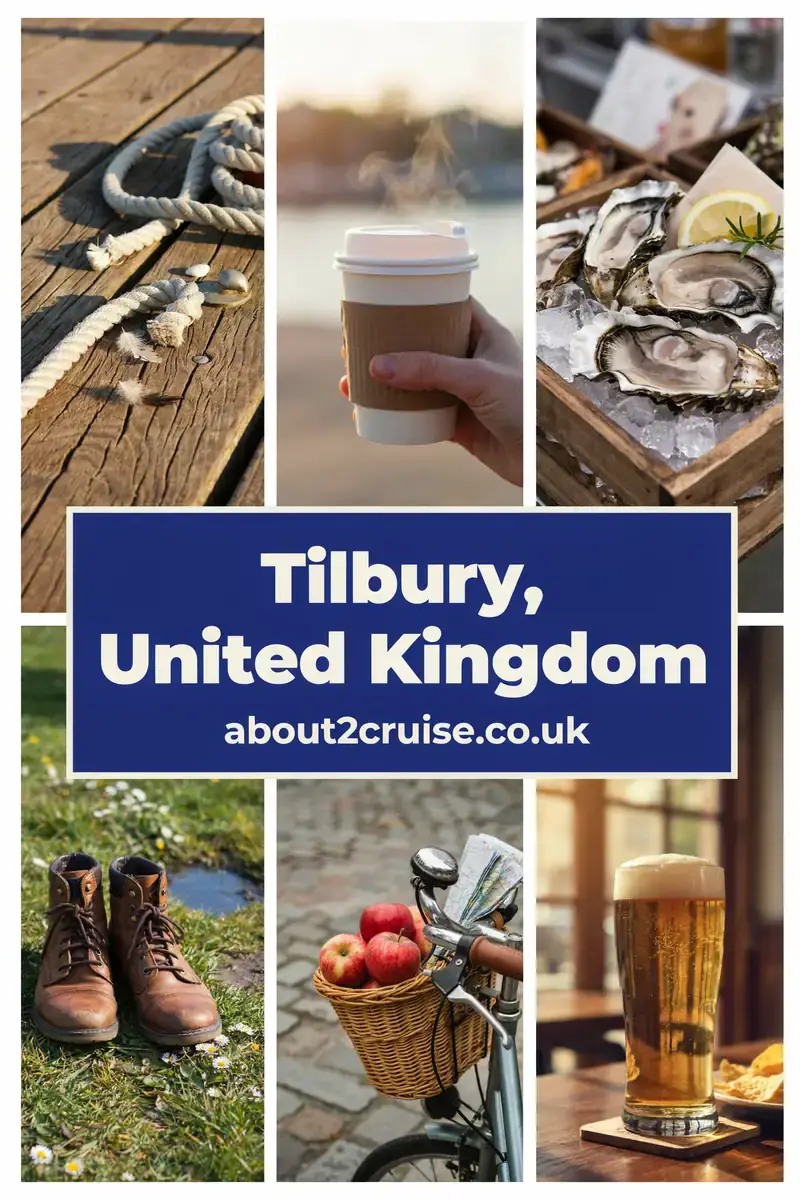 Tilbury cruise port: collage of local scenes near the cruise terminal showing train, coach and road travel options