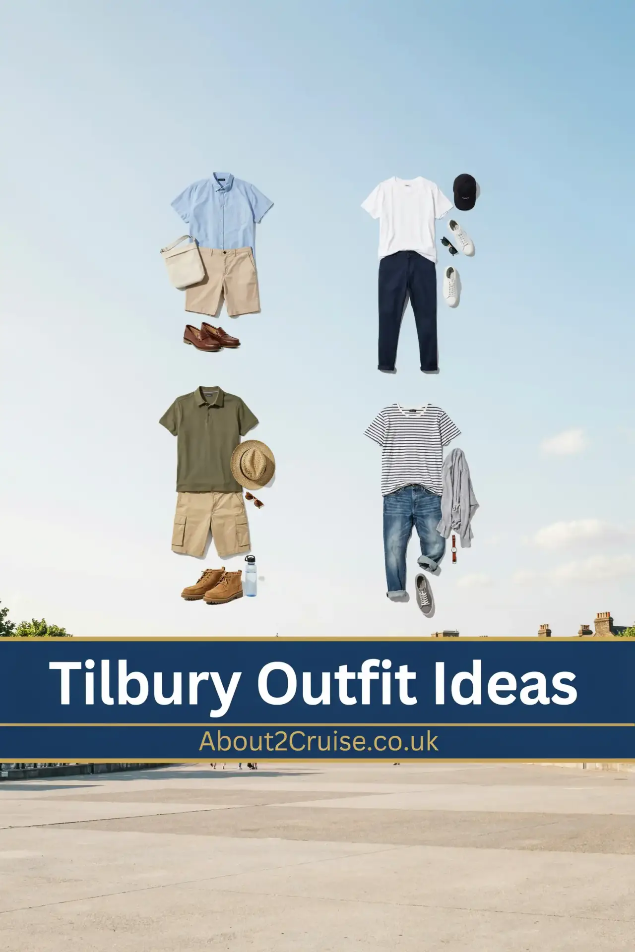 Mood board of casual men's walking outfit ideas for visiting Tilbury on a sunny day