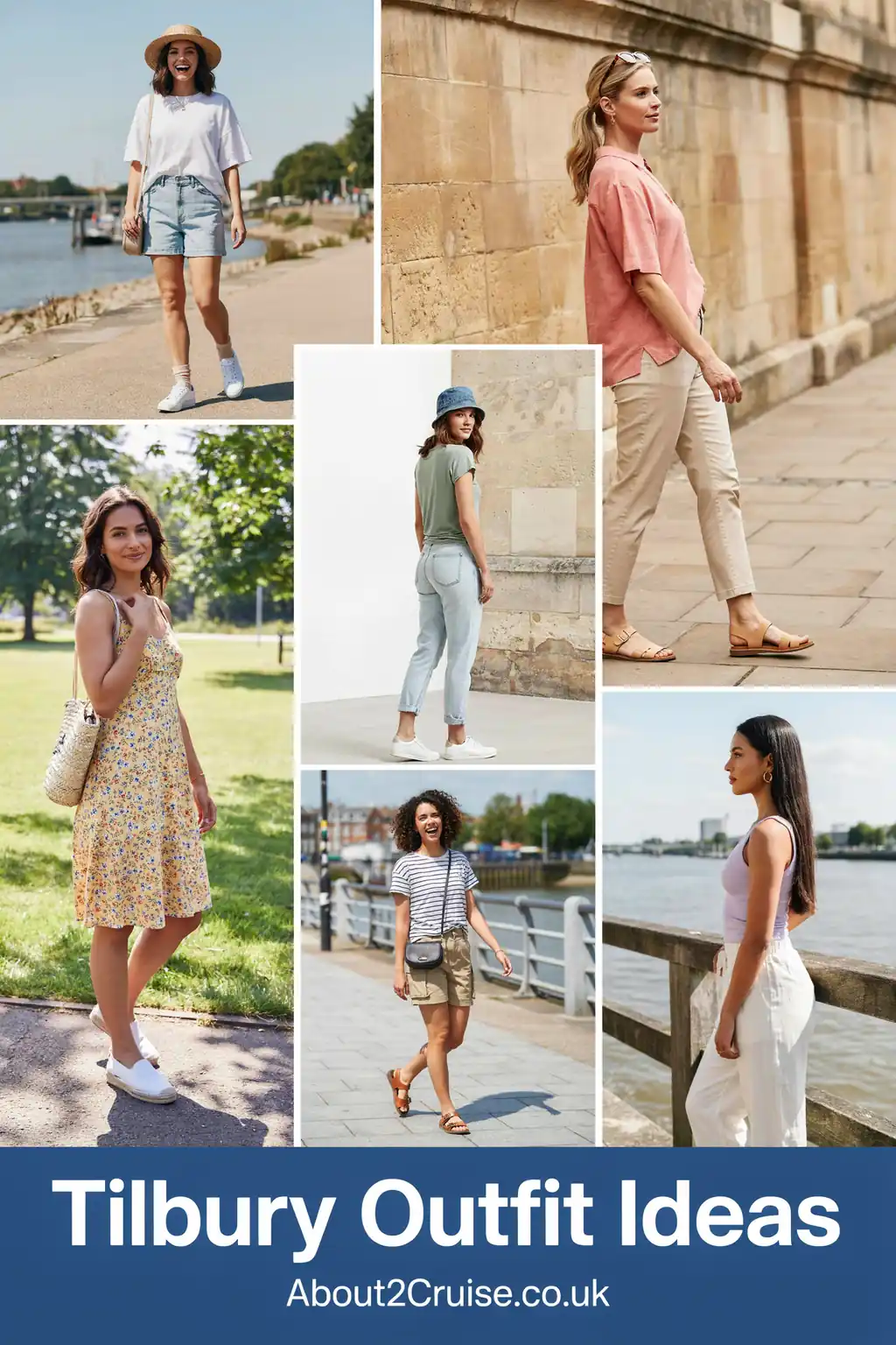 Tilbury cruise port: mood board of casual women's walking outfit ideas for exploring Tilbury