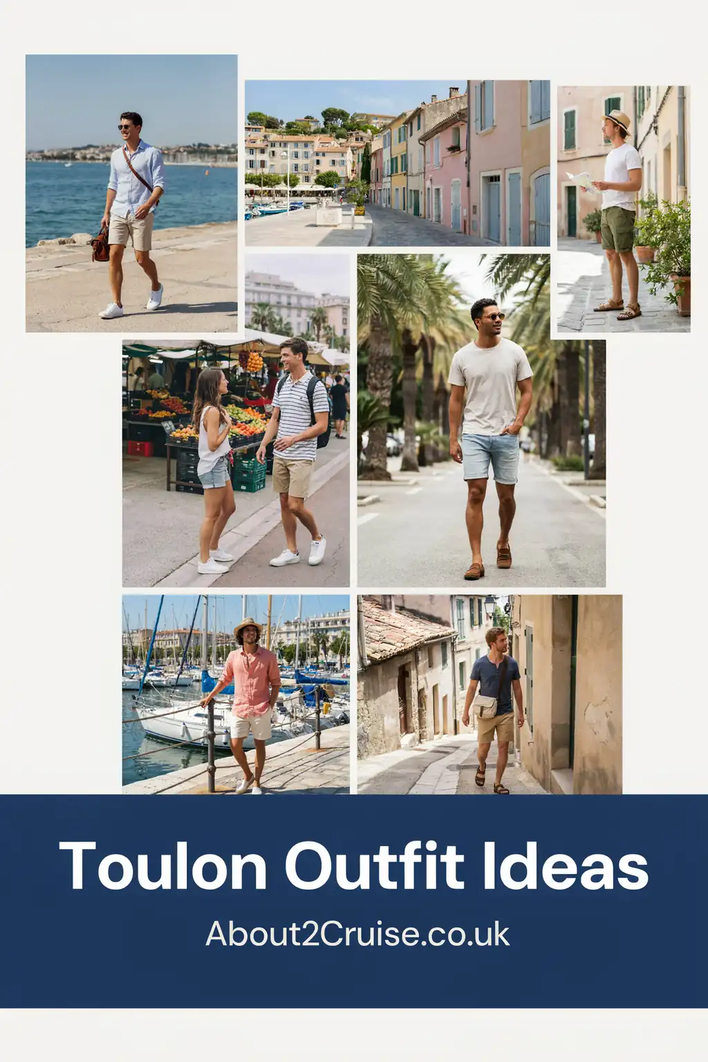 Grid of casual men's tourist walking outfits for Toulon, sturdy shoes and light layers for cobbled streets