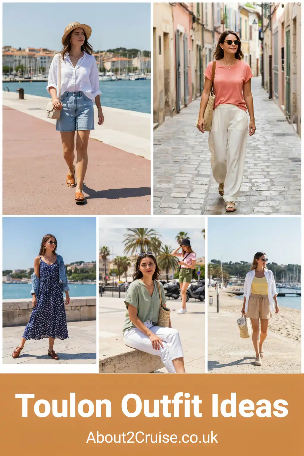 Mood board of casual women's tourist walking outfits for Toulon