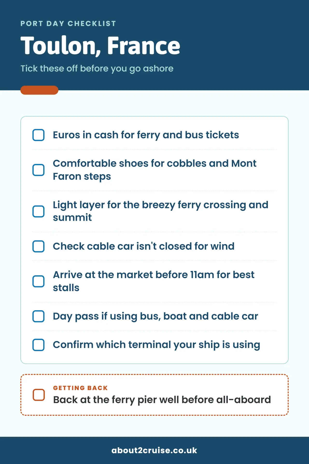 Toulon cruise port day checklist: what to bring and check before going ashore