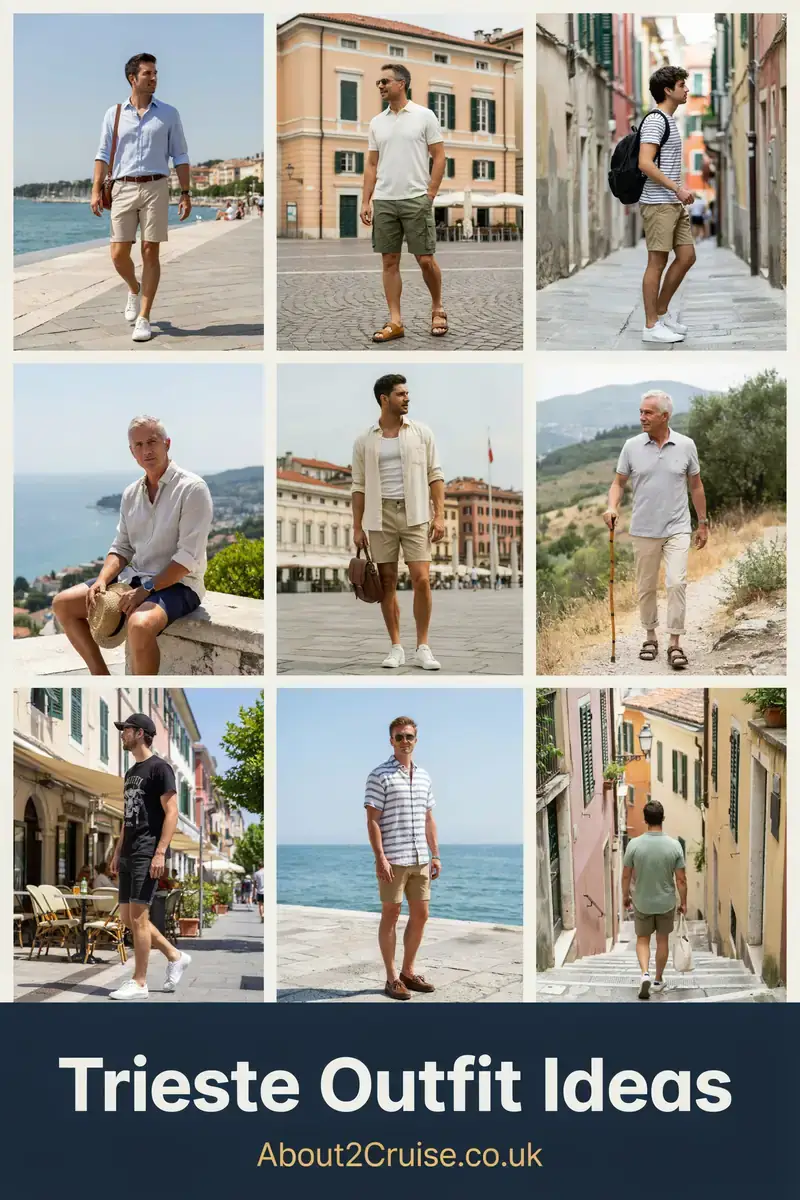 Grid of casual men's walking outfits for sightseeing in Trieste