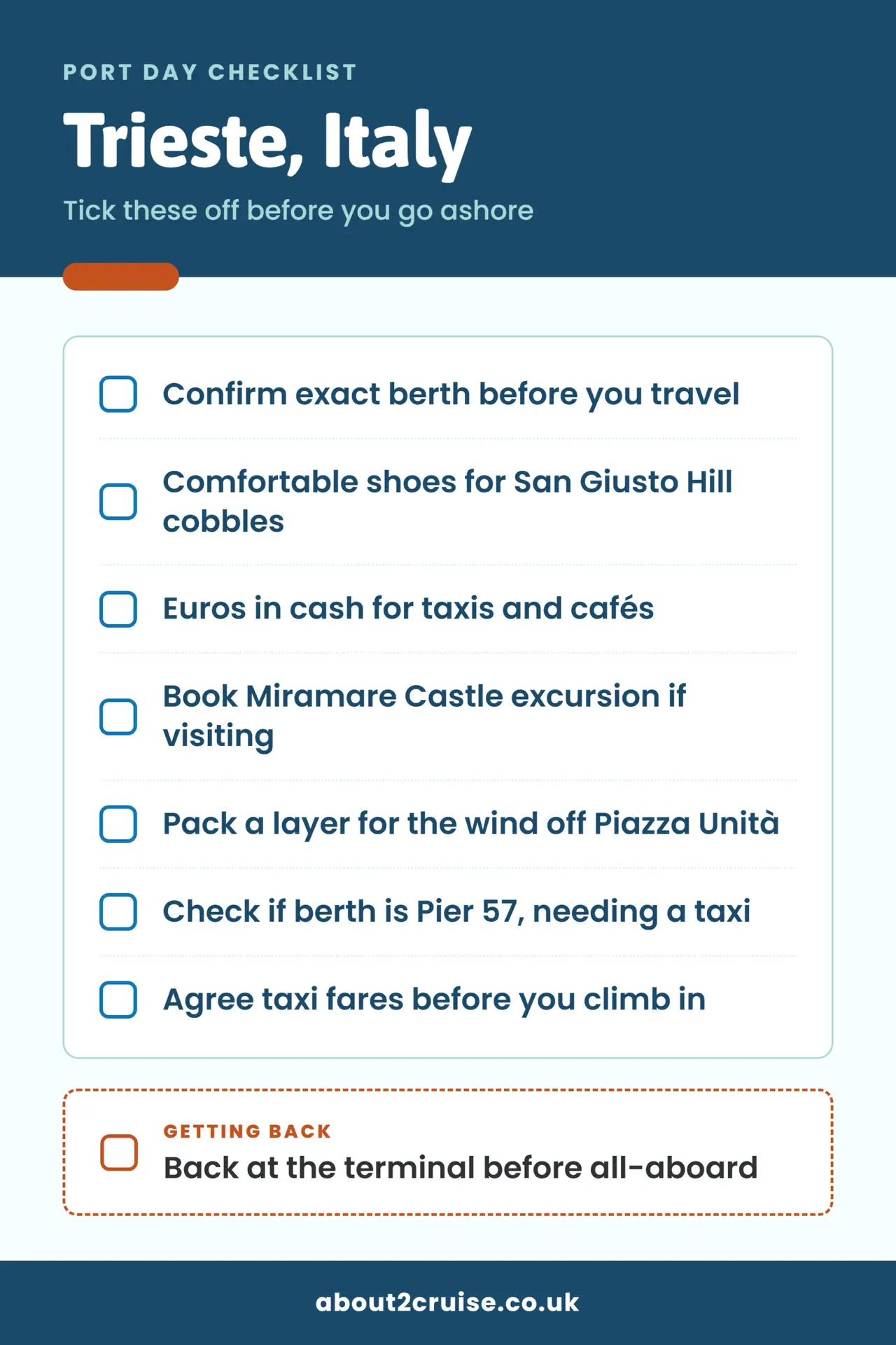 Trieste cruise port day checklist: what to bring and check before going ashore