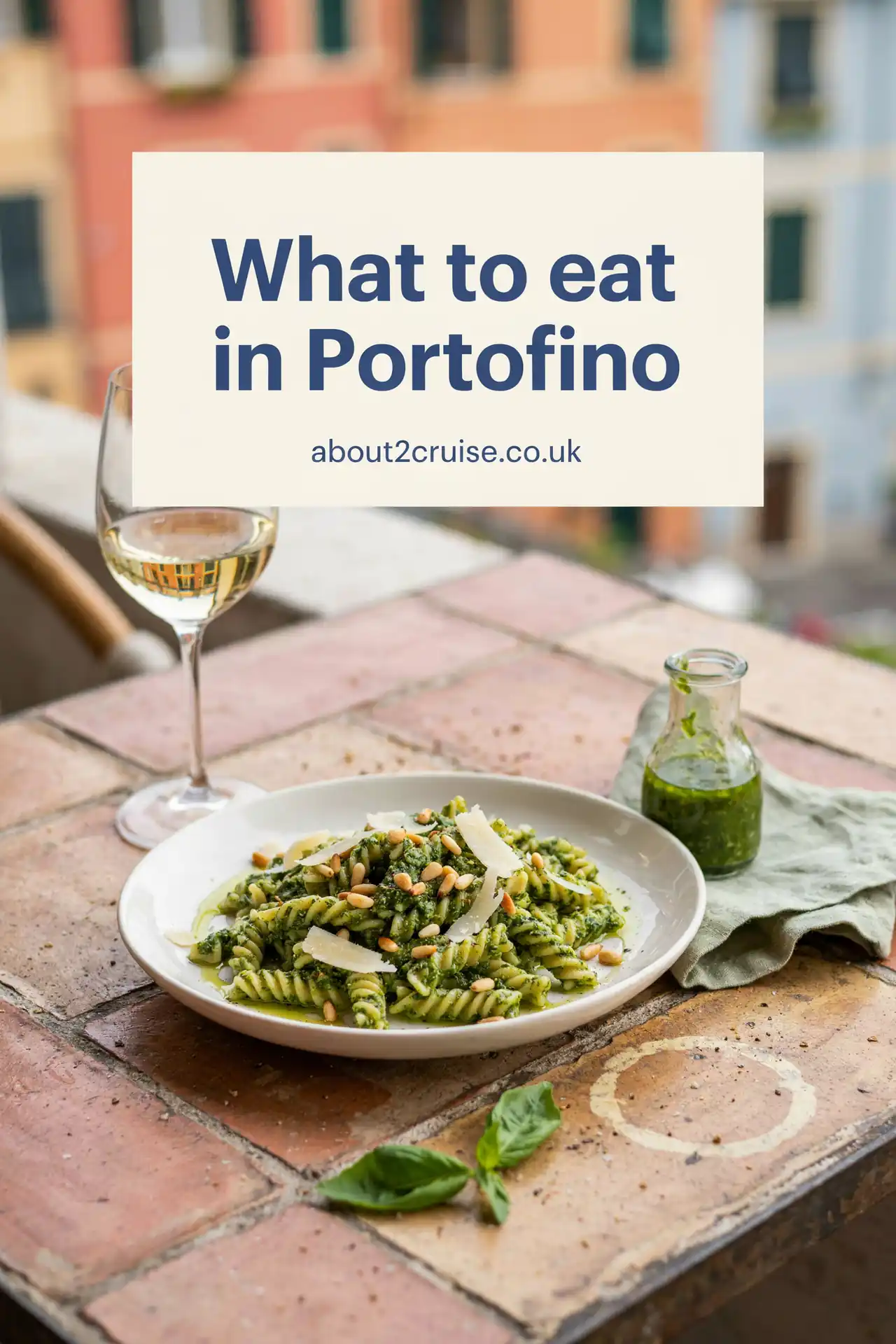 Portofino cruise port: close up of trofie al pesto, a local pasta dish, served at a sunny cafe table
