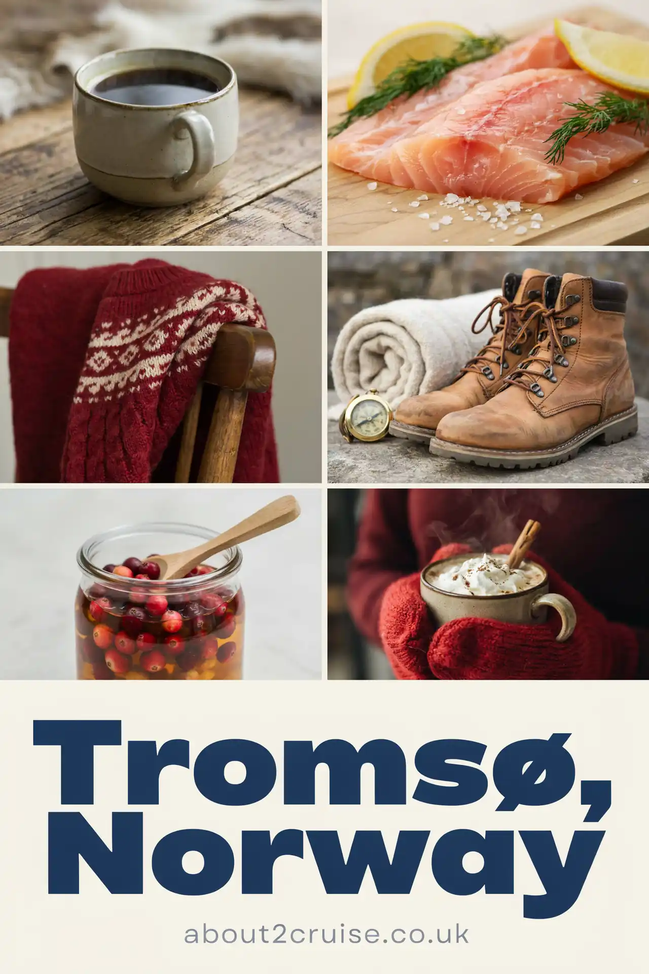 Six panel vision board of close up local experiences in Tromsø, Norway with sunny day scenes and text overlay