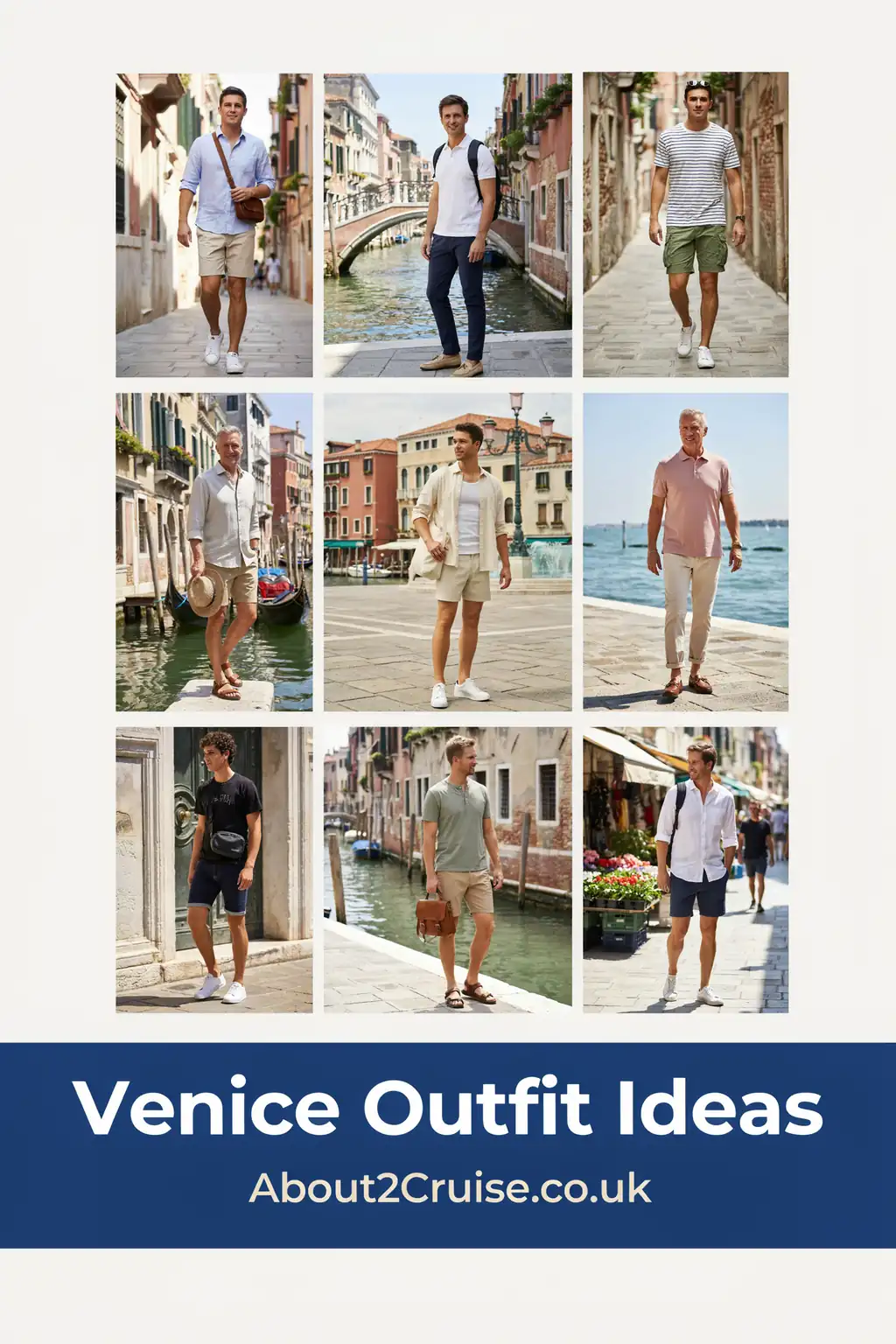 Grid of casual men's tourist walking outfits for Venice on a sunny day