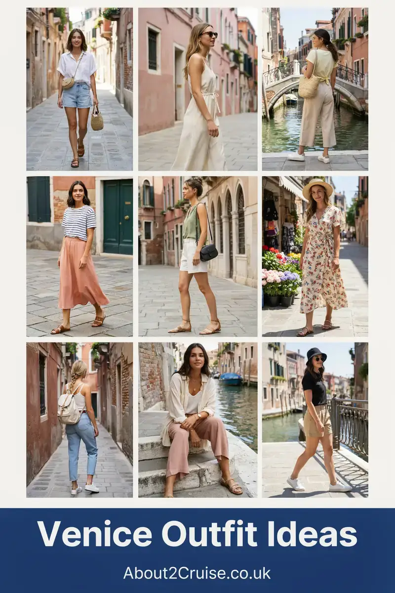 Grid of casual women's tourist walking outfits for Venice