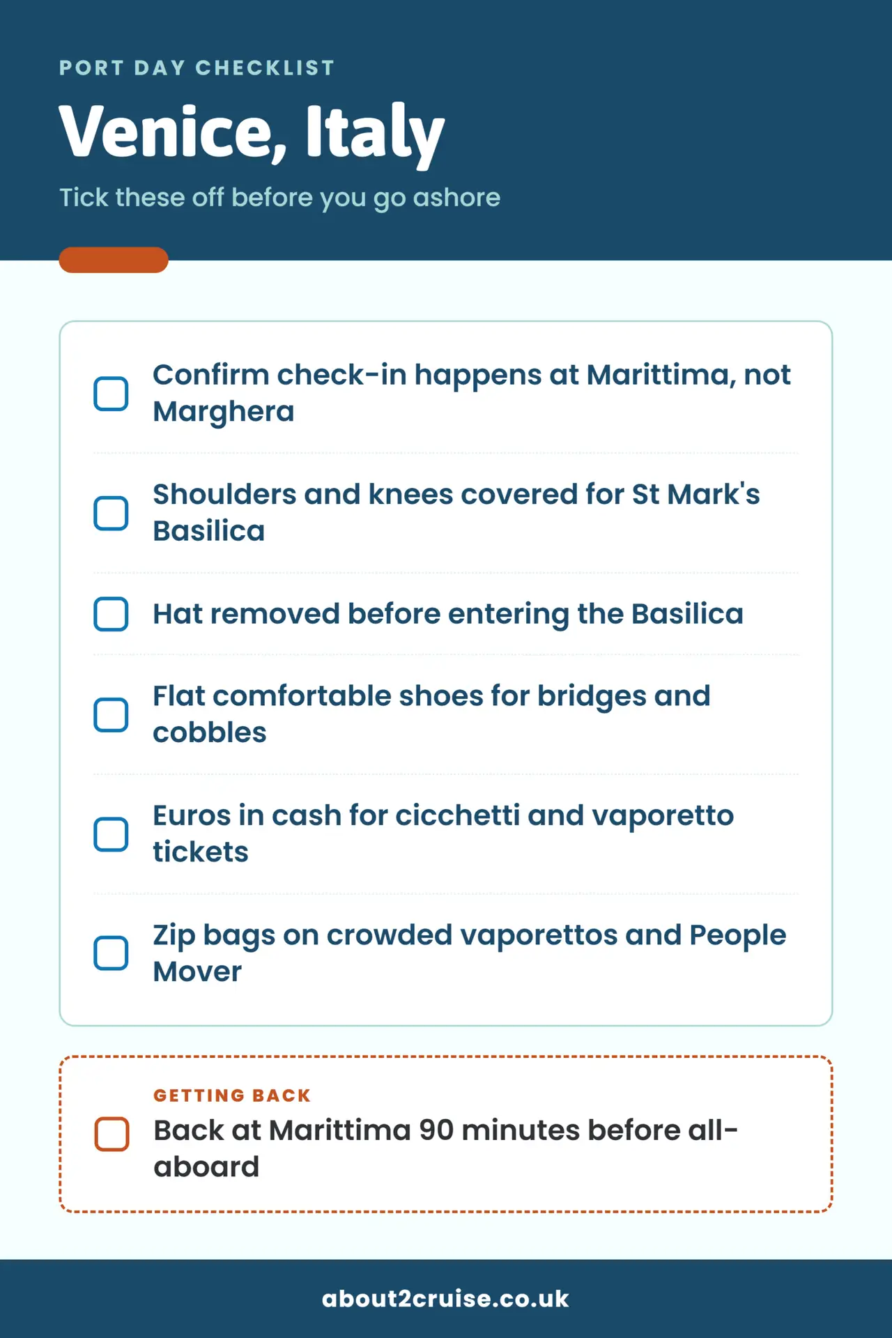 Venice cruise port day checklist: what to bring and check before going ashore