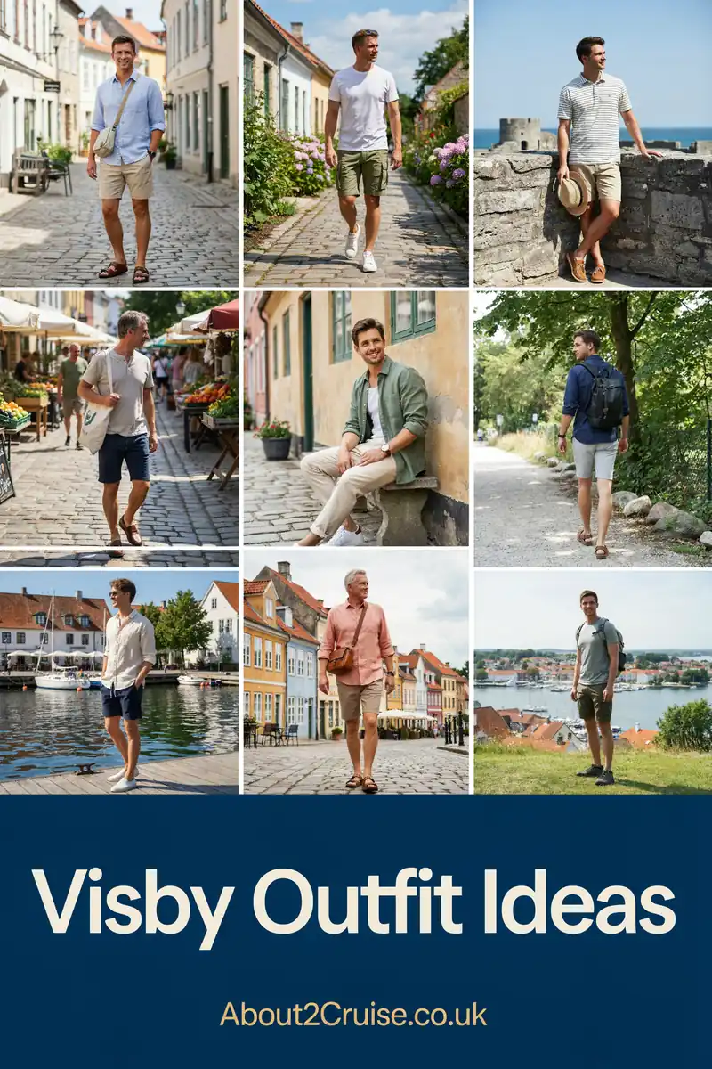 Visby cruise port: mood board of casual men's walking outfits for exploring the Old Town and Ring Wall