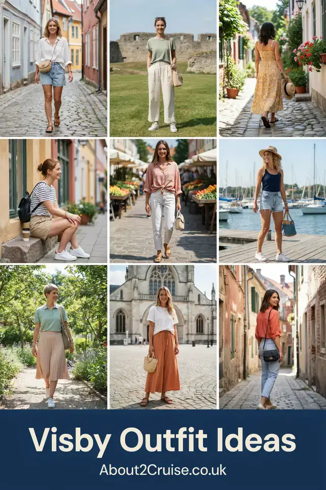 Mood board grid of casual tourist walking outfits for women in Visby