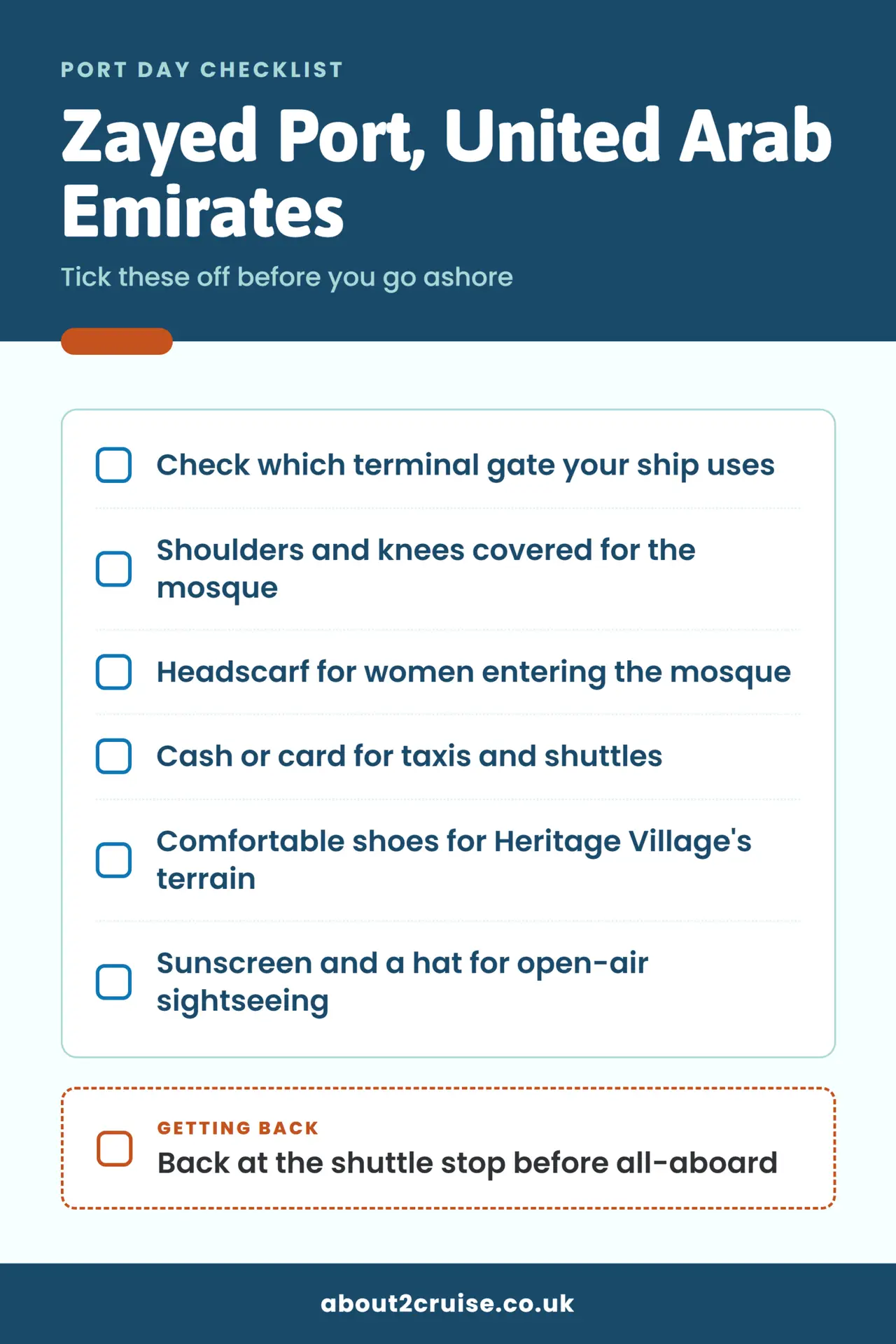 Zayed Port cruise port day checklist: what to bring and check before going ashore